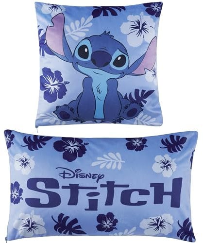 Disney Stitch Kinder Kissenbezug Set Flower Pillow Case 50 x 30 cm & 35 x 35 cm (Blau Stitch)