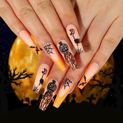 Brishow Künstliche Fingernägel, Sarg, Halloween-Dekorationen, Kürbis, zum Aufdrücken auf Nägel, Spinne, zum Aufkleben, Ballerina, Acryl, lang, 24 Stück, für Damen und Mädchen