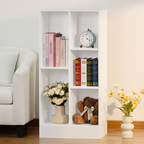 YAHARBO Bücherregal mit 5 Würfeln, weiß, klein, modern, horizontal, Holzboden, niedrig, Bücherregale, Vitrinenschrank mit Sockel, kurzes Bücherregal, offener Organizer für Schlafzimmer, Wohnzimmer,