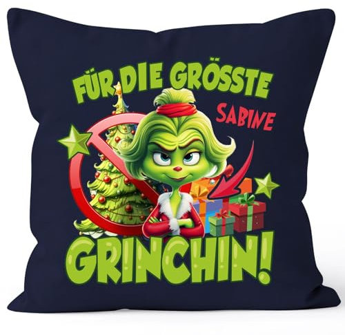 MoonWorks® Kissenbezug Grinch Weihnachten Mann Frau Paar mit Namen personalisierbar Geschenk lustig Weihnachtsmuffel Grinch Lady Navy Standard
