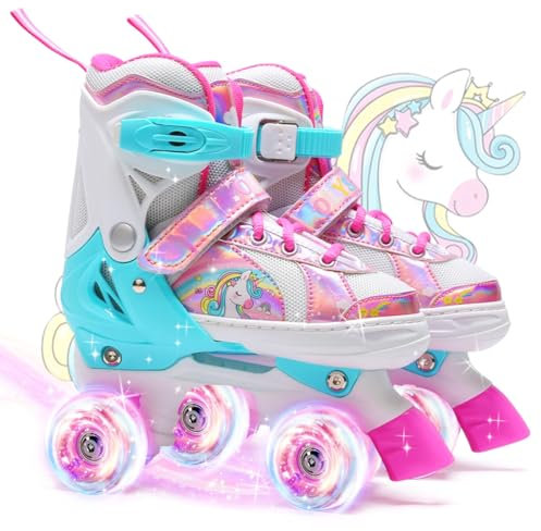 OLYSPM Rollschuhe Mädchen,Rollschuhe Kinder,4 Größen Einstellbare Rollschuh mit 8 Blinkenden Rädern für Jungen,Mädchen,Anfänger(Rosa,S)