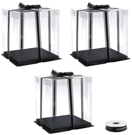 KEILEOHO 3 Stück Durchsichtig Geschenkbox mit Deckel, 21,5 x 21,5 x 24cm Tortenschachtel Transparent, Cake Box mit Sockel und Band, Kuchen Transportbox Durchsichtig Tortenbox für Dessert Geburtstag