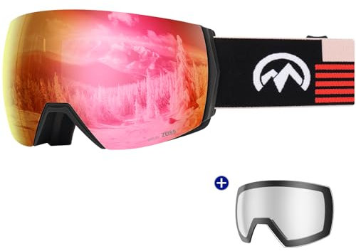 OutdoorMaster Ultra Ski Goggles Lens by ZEISS, OTG Snowboard Goggles Anti-Fog Wide View, Magnetic Interchangeable Lens, Snow Goggles für Männer & Frauen(Ruby Red Vlt 41% + Clear Lens)