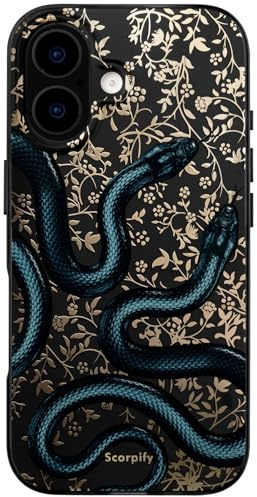 SCORPIFY für iPhone 16 hülle mit mattem doppeltem schwarzen Schlangen Design [kompatibel mit Magnetic], süße magnetische Handy Schutzhülle mit goldenen Akzenten für Frauen, Mädchen und Männer