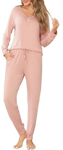 Vlazom Pyjama Femmes Hiver Ensemble de Pyjama pour Femme à Manches Longues Vêtements de Nuit Col en V avec Poches Couleur Unie,Rose,XXL