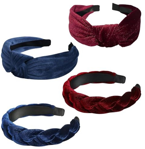Snowtain 4pcs Bandeaux Rembourrés en Velours pour Femme,Serre Tête Tressé en Tissu Cheveux Large Headband Nœud Vintage Femme Large,Serre Tête Tressé en velours Cheveux pour Femmes et Filles.
