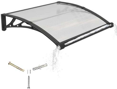 Auvent pour Porte d'entrée 100x80cm,Toit Marquise avec Gouttière en Polycarbonate Protection Contre Pluie,UV et la Neige Support Robuste en ABS Durable