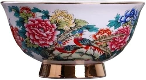 Ancien bol en porcelaine, Grand bol à fleurs dorées et rouges, 15.6cm, 6,1 pouces, style chinois, traçage des pieds hauts