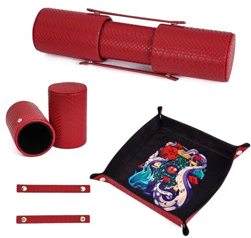 Cusdie 2 in 1 Dice Tray and 2 Dice Cups Foldable Tray Leather Dice Holder for DND Dice Game Table Games (Red)