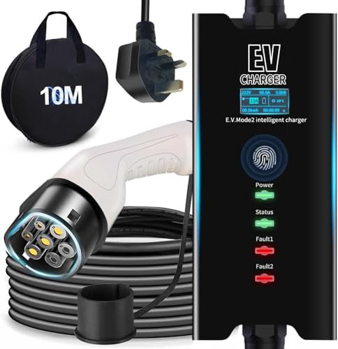 Gziztx 3 Pin EV Charger Type 2 10m,Portable 8~13A Type 2 Charging Cable with Bag,Digital Screen, IP65 Water Proof, Electric car charger Cable(IEC 62196-2 Type 2 Female) (10M)