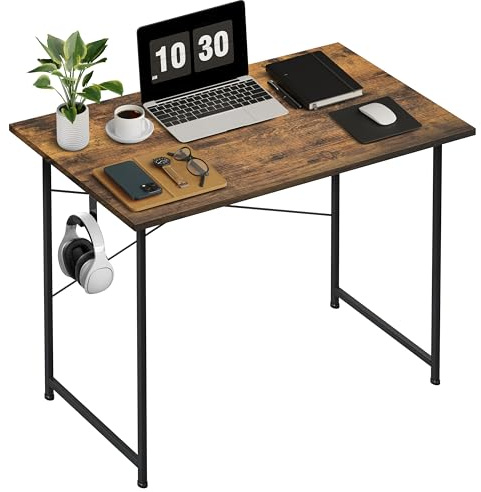 HealSmart Home Office Computer Small Brown Desk, Wooden Simple Design PC Desk with Headphone Hook, 32