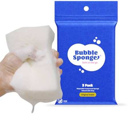 Bubble Sponge® Travel Sponge with Soap, 3-Ct. Disposable Compressed Bath Sponges Infused with Soap - Patent-Pending - No Rinse Shower Wipes - All-in-1 Single Use Bathing Sponges - Travel Essentials