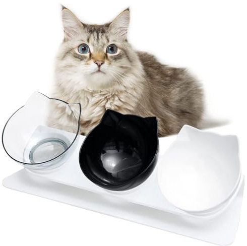 Set 3 Ciotole Rialzate per Gatti in PC - Antiscivolo, Design Ergonomico a Forma di Gatto, Facile da Pulire, per Cibo Secco, Umido e Acqua, Ideale per Gattini e Gatti Adulti