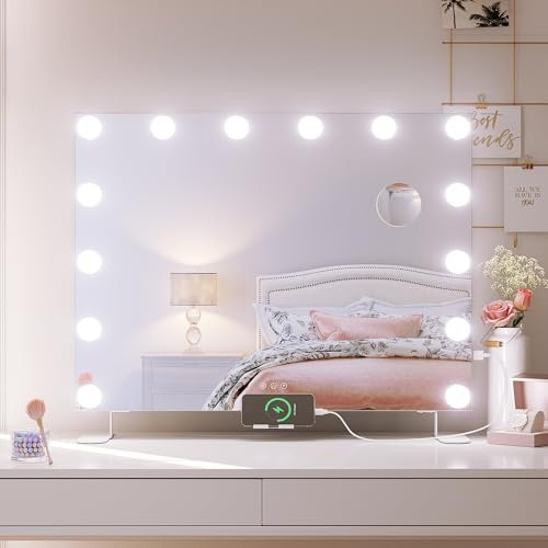 SONNI Hollywood Schminkspiegel 80x60 cm, Schminkspiegel mit Handyhalterung und USB-Ladeanschluss, 14 LEDs Großer Schminkspiegel mit 3 Farbtemperaturen und 10-facher Vergrößerung