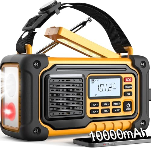 Emergency Weather Radio,10000mAh NOAA Hand Crank Bluetooth Speaker Radio,Portable AM FM Shortwave Radio with Large Capacity, USB/Solar/Crank Charge,Battery Operated, SOS Alarm & Flashlight (Yellow)