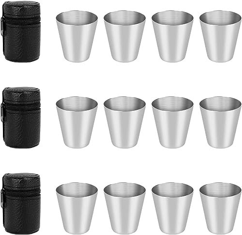 MINISOISO 12 Pièces 30ML Gobelets en Acier Inoxydable, Verres à Shot Inox, Tasses en Acier Inoxydable Gobelets à Liqueur en Métal avec Sac en Cuir pour Voyage, Fête, Barbecue Extérieur, Camping