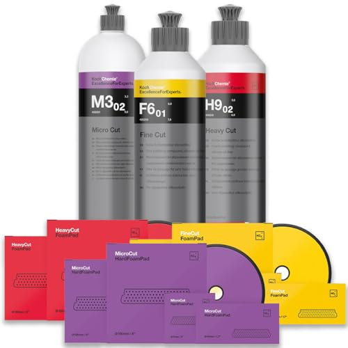 wortek - Koch Chemie Politur Set mit passendem Foam Pad und Poliertuch: Heavy Cut + Fine Cut + Micro Cut Koch Chemie Polituren (3x Pad 150mm + Politur 250ml + ohne Poliertücher)