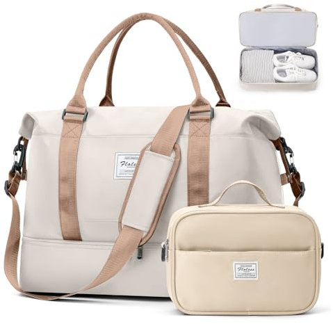 HPLQQ Sac de Voyage Femme, Bagage Cabine 45x36x20 Easyjet, Imperméable Sac fourre-Tout de Sport pour Week-End pour Travel Gym Danse avec Trousse de Toilette,M5-Beige-Marron