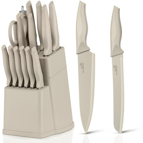 Herogo Messerblock mit 15 Messerset und Wetzstahl, Premium Edelstahl Küchenmesser Set mit hohem Kohlenstoffgehalt, Gezacktes Steakmesser, Antihaftbeschichtung zum Hacken und Schneiden, Khaki