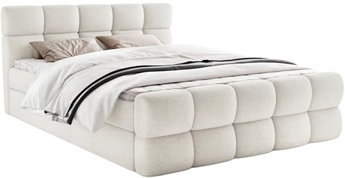 FurniDe24 Boxspringbett Leo mit 2 Bettkästen, Weiß, Bouclé, 160x200 cm | Doppelbett mit Taschenfederkernmatratze H3, 3 cm Topper, gepolstertem Kopf- und Fußteil und verstärktem Rahmen