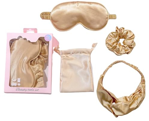 4in1 Künstliche Seide Schlaf Verdunkelung Kit Augenmaske, Haarband, Haarband, Kordelzug Tasche (Golden)