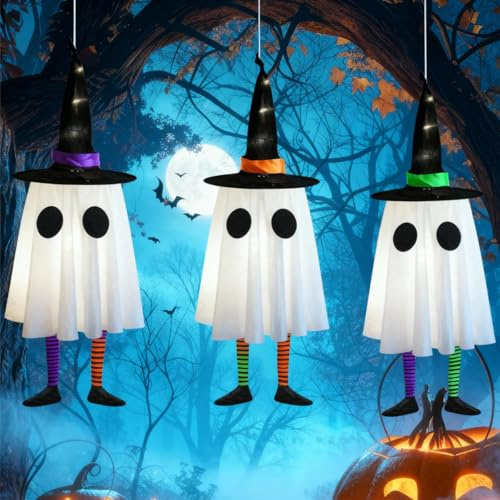 Halloween Deko Outdoor Innen, 3 Stück LED Halloween Dekoration Geister Garten Party Deko, Ghost Lichterkette Außen Batterie für Wand Herbstdeko Outdoor Balkon