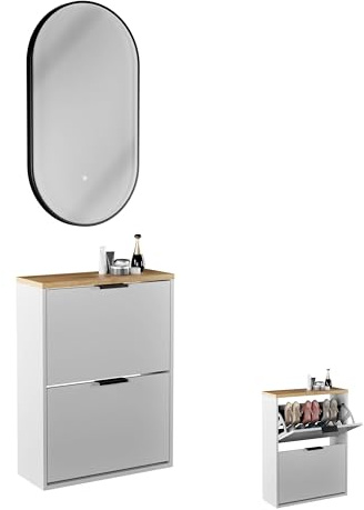 Planetmöbel Schuhschrank schmal, ovaler Spiegel mit Beleuchtung | (3 Lichtstufen), Schuhkommode mit 2 Klappen Schuhregal mit 4 Ablagen, Garderobe Set, 60 x 23 x 80,5 cm, weiß grau