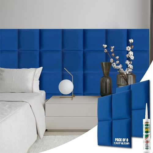 NOVECRAFTO Velvet Padded Wall Panels Set of 8 - Blue Upholstered Anti-Collision Panels with Adhesive - H11.8 x W11.8 (30x30cm) Cushioned Paneling for Beds, Kids Room, Hallways & Feature Walls