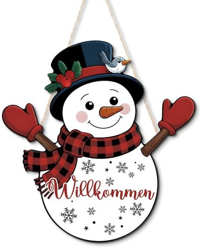 Putuo Decor Dekoratives Wand- & Türschild mit Schneemann, Willkommen Hängeschild, Weihnachtsdeko – Auswahl (Red Willkommen)