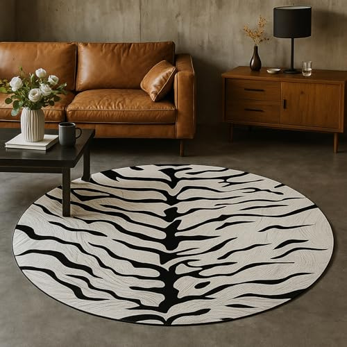 VARIKASHOM Teppich Rund Deko Innen,Moderner, Rounder Tisch mit schwarz-weißem Tiger-Tiermuster (200 cm Durchmesser),Waschbar rutschfest weich Deko Schlafzimmer Küche Esszimmer Sofa