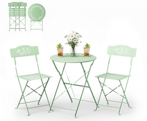 Bonnlo Bistroset 3-teilig aus Stahl – Platzsparender Bistrotisch mit 2 Klappstühlen, Gartenmöbel Set, Durchbrochenes Olivenblatt-Design, für Balkon, Terrasse, Garten & Wohnraum, Hellgrün