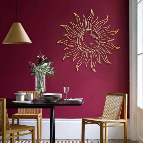 Metall-Wandkunst, Wanddeko, Sonne, Sonnen-Außendeko, Blumendeko, Sonne und Mond für draußen, Sonne und Mond-Deko, Boho-Sonne, Wohnzimmer (Gold, 24 x 24 | 62 x