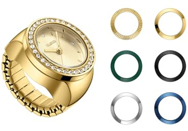 TIME100 Damen Uhren ringuhr Geschenkset,ringuhr Damen Quarz-Fingerringuhren für Frauen mit verstellbarem Stretchband, 7-farbige austauschbare Lünette, Quarz-DREI-Zeiger-Uhrwerk, Geschenkbox