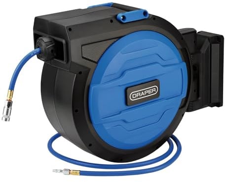 Draper 29676 Retractable Air Hose Reel 30m - Auto Rewind with Hose Guide, Free Stop Any Length, 180° Swivel Wall Mount, Heavy-Duty Hybrid Air Hose