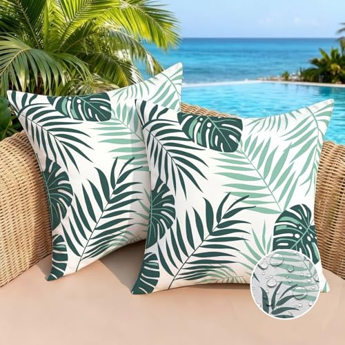 Brylleii Outdoor Kissenbezug Wasserdicht 50x50 Kissenhülle Grün 2er Set Sofakissen Frühling Sommer Dekorative Moderne Zierkissenbezüge Palmblätter für Wohnzimmer Kissen Deko Garten Sofakissen Couch