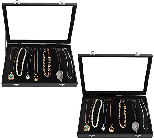 Kurtzy Bandeja Joyas Terciopelo Negro Expositor de Joyas Bandeja 20 Ganchos y Tapa de Vidrio con Cierre Apilable (Pack 2) Organizador Joyas Cajones para Collares, Brazaletes, Pendientes y Tobilleras