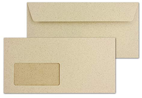 50 DIN Lang Brief-Umschläge aus Graspapier mit Fenster - 11 x 22 cm - 120 g/m² - Haftklebung - absolut blickdicht - Ökopapier Umweltpapier - Glüxx-Agent