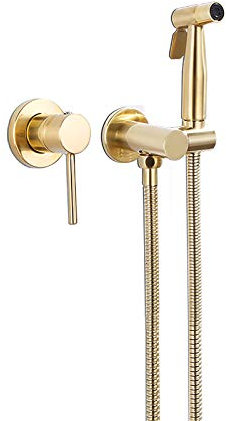 Bidet Handbrause Toilette Gebürstetes Gold, Messing Bidet Armaturen Set Wandhalterung Bidet Sprühaufsatz mit Kaltes und Heißes Wasser, Duschkopf für Toilette für Badezimmer