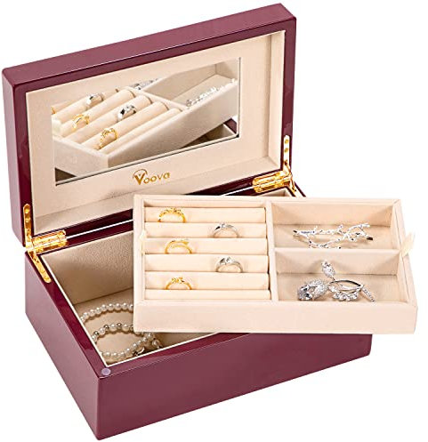 Voova Wooden Jewellery Box Organiser for Women Girls, Deluxe Piano Paint Jewelry Storage Case with Mirror, jewlerrying Display Holder with Removable Tray for Necklace Earring Rings, Gifts, Purple