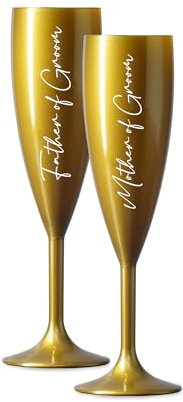 Print Maniacs Champagne Premium Gold Flute Glass Bride Groom Mr Mrs Wedding Maid Honour Wine Cocktail Prosecco Celebrations Gift (White, Father + Mother of Groom Set)