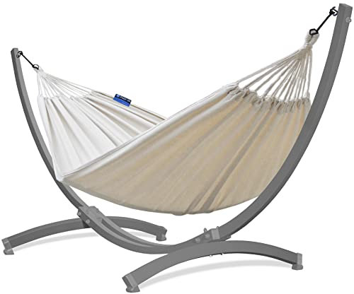 Potenza Outdoor Hängematte mit Tytan Gestell für 2 Personen I Baumwolle Doppelhängematte XXL 220x160, 200kg I Hängemattengestell 350 kg, wetterfest (Ecru, Gestell Grau)
