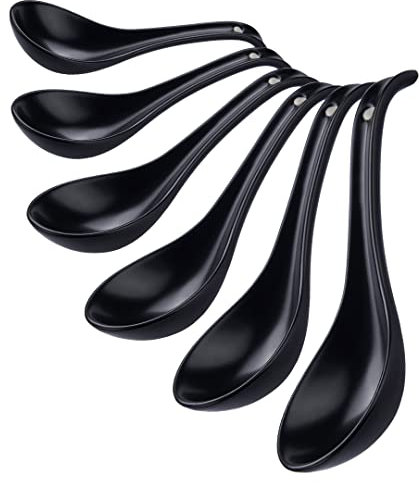 CHILDIKE Lot de 6 cuillères à soupe asiatiques en céramique noire 16,7 cm