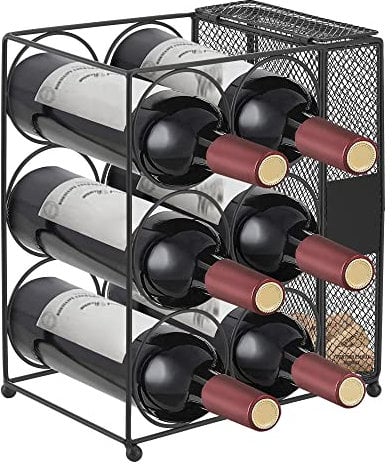 [en.casa] Range-Bouteilles avec 6 Emplacements Casier à Vin à 3 Niveaux Porte-Bouteilles avec Contenant de Bouchons Grillagé Métal 34 x 29 x 18 cm Noir