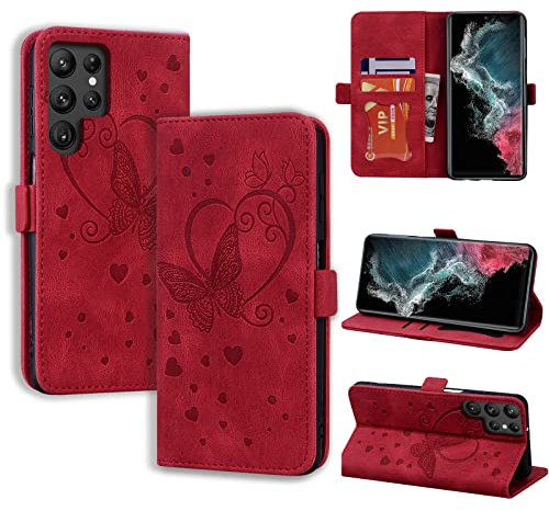 CASAFUNY Handyhülle für Samsung Galaxy S22 Ultra 5G Hülle PU Leder Tasche Cover für Samsung S22 Ultra mit Kartenfach Flip Case Magnetisch Klapphülle Schutzhülle für Samsung Galaxy S22 Ultra 5G, rot
