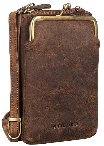 STILORD 'Brea' Echt-Leder Vintage Damen-Geldbörse mit Handytasche zum Umhängen mit Kiss-Lock-Verschluss, NFC und RFID Schutz ideal als Umhängetasche Crossovertasche, Farbe:mittel - braun