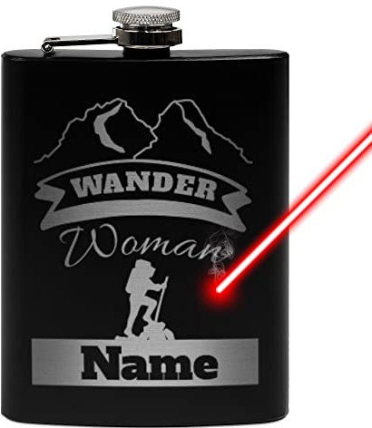 PR Print Royal Flachmann mit Gravur aus Edelstahl selbst gestalten - Wander Woman - mit Name gravieren - Geschenkidee für Frauen - Praktische Taschengröße | Schwarz, 225 ml, Lasergravur
