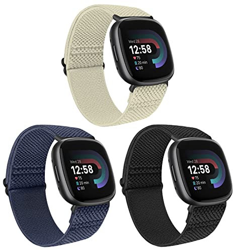 Huamanlou Elastische Nylon-Armbänder, kompatibel mit Fitbit Versa 4/Versa 3/Sense 2/Sense, weiche Schlaufe, verstellbare Sport-Ersatzarmbänder für Damen und Herren, 3 Stück