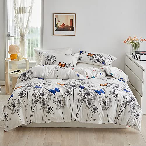 Luofanfei Löwenzahn Bettwäsche 155x220cm Pusteblume Blumen Schmetterling Blau Gelb Grau Weiß Bettwäsche Set Microfaser Pflanzen Blätter Muster Bettbezug und 2 Kissenbezüge 80x80cm mit Reißverschluss