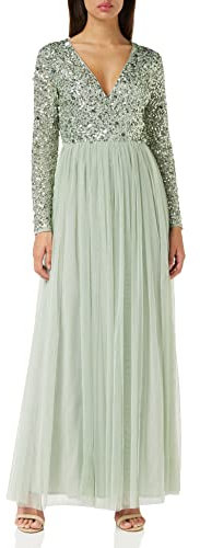 Maya Deluxe Damen Ladies Maxi Dress Women with Long Sleeves V Neckline Plunging Sequin Embellished for Wedding Guest Bridesmaid Prom Kleid, Green Lily, 36