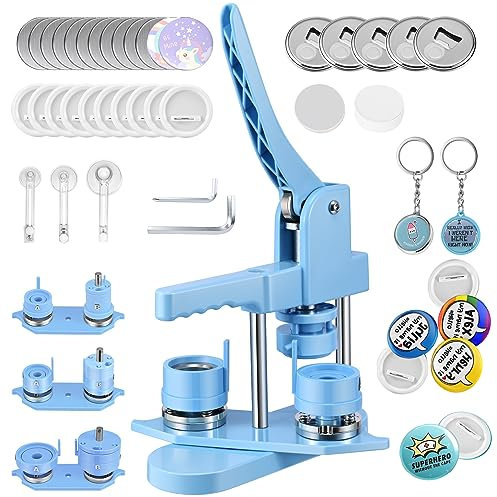 Buttonmaschine Button Badge Maker 25+32+58 mm 300 Sets Kunststoff-Abzeichen-Nadelrücken, Zimiking, mit 10 Flaschenöffner, 10 Schlüsselanhänger-Sets, Formen & Rundpapierschneider (Blau)